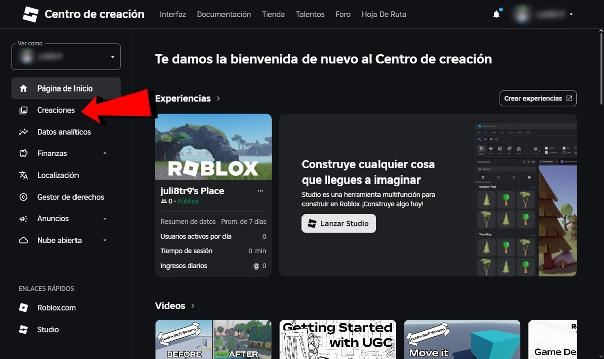 Entra en la web del Centro de creacion de Roblox y ve al apartado Creaciones