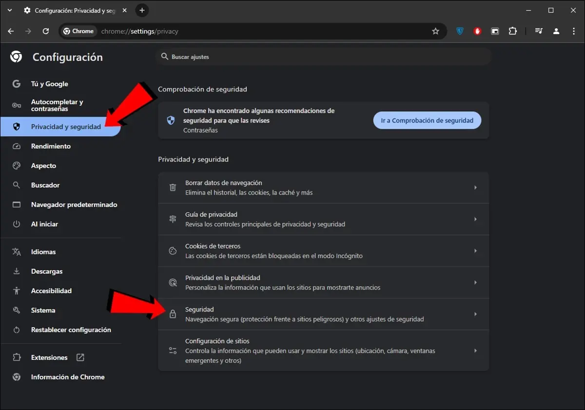 Entra en privacidad y seguridad y luego en Seguridad