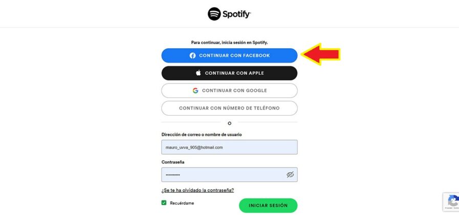 Entrar en Spotify con tu cuenta de Facebook