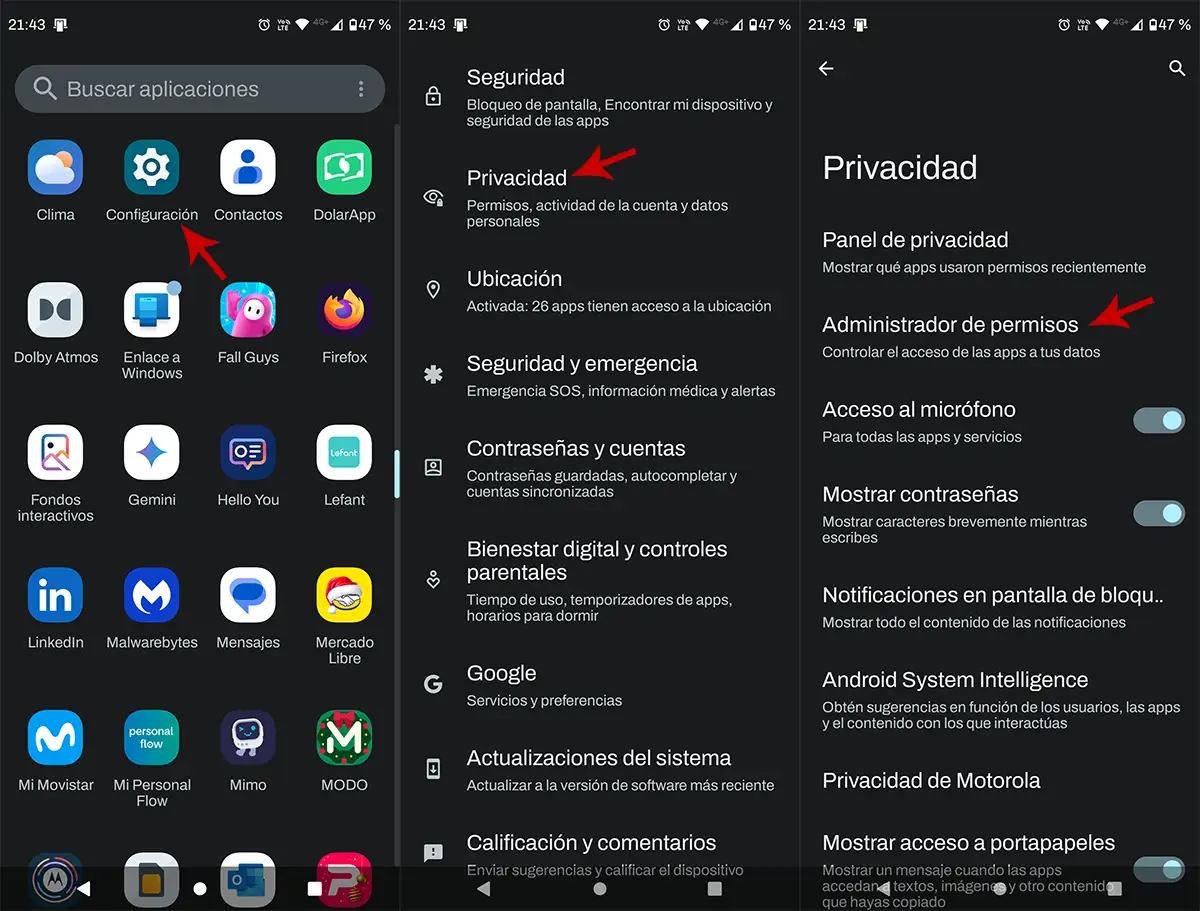 Entrar en el administrador de permisos de Android