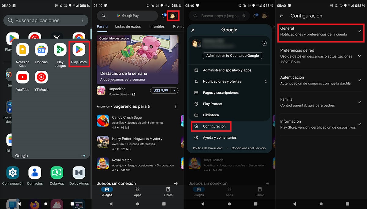 Entrar en la configuracion de la cuenta de Play Store