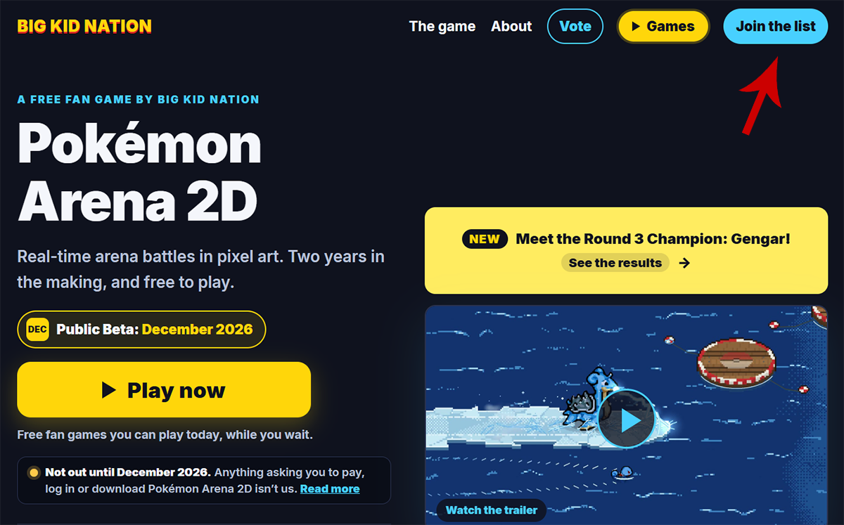 Entrar en la web de Pokémon Arena 2D