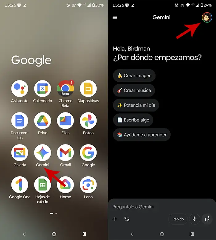 Entrar en los ajustes de Gemini