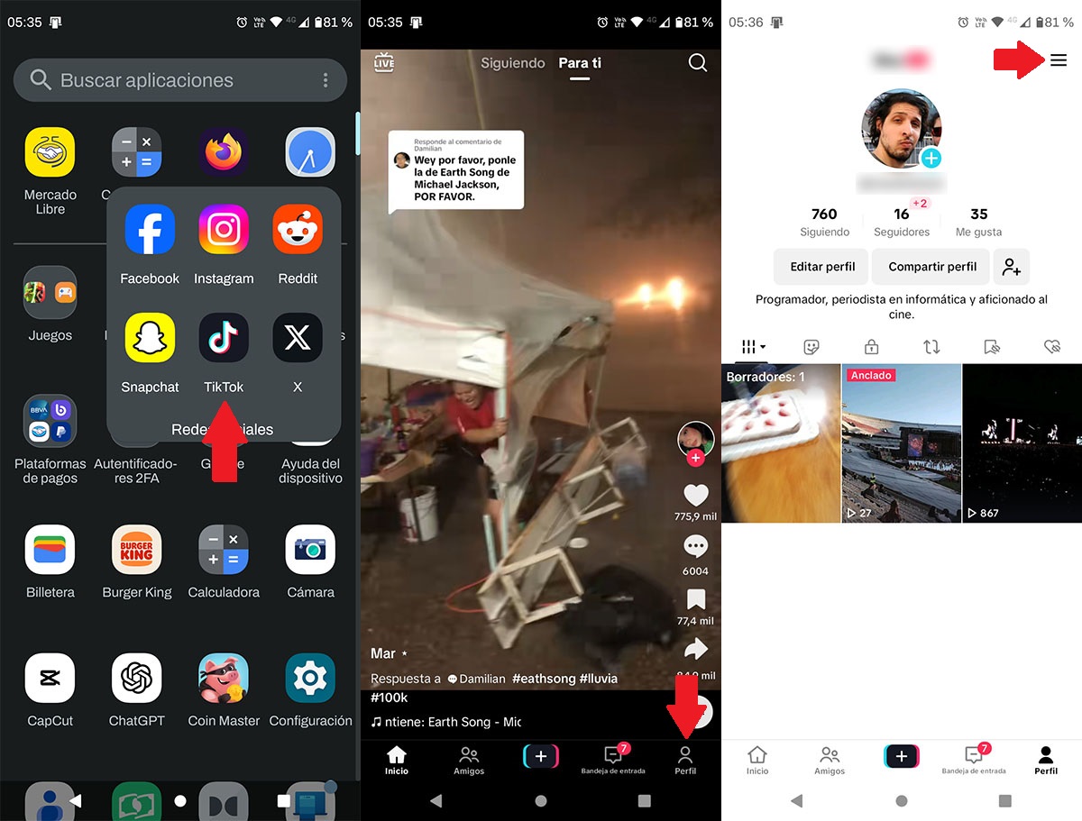 Entrar en los ajustes de TikTok en Android