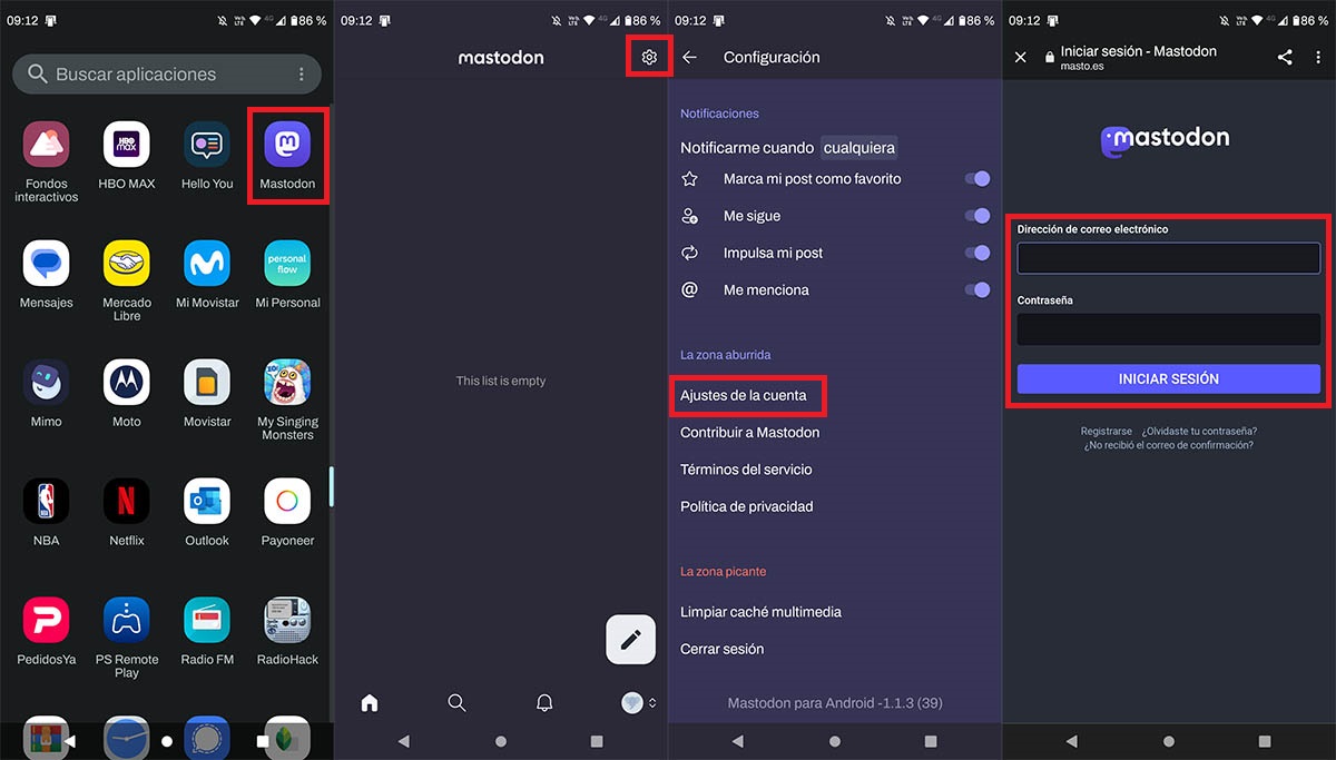 Entrar en los ajustes de cuenta Mastodon