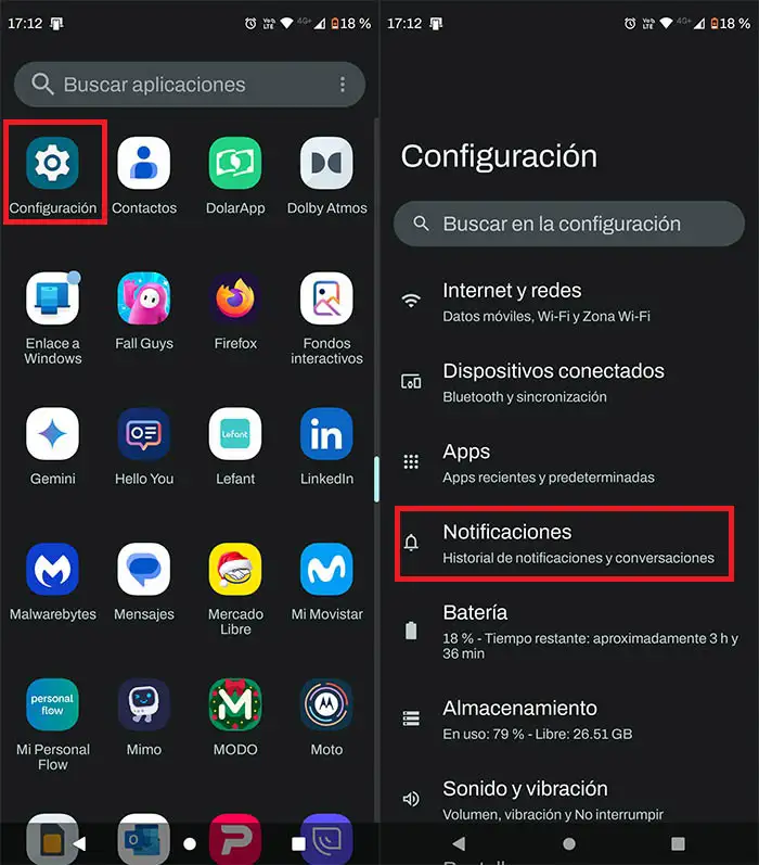 Entrar en los ajustes de las notificaciones del movil