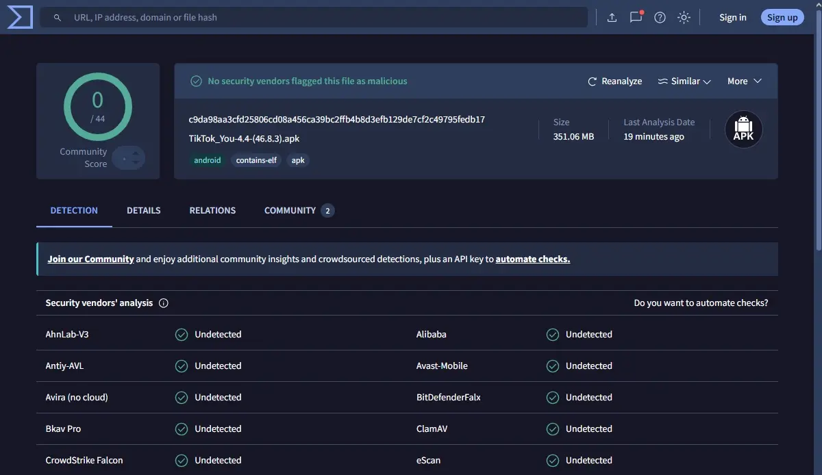 Es seguro usar TikTok You TikTok You tiene virus apk en virustotal