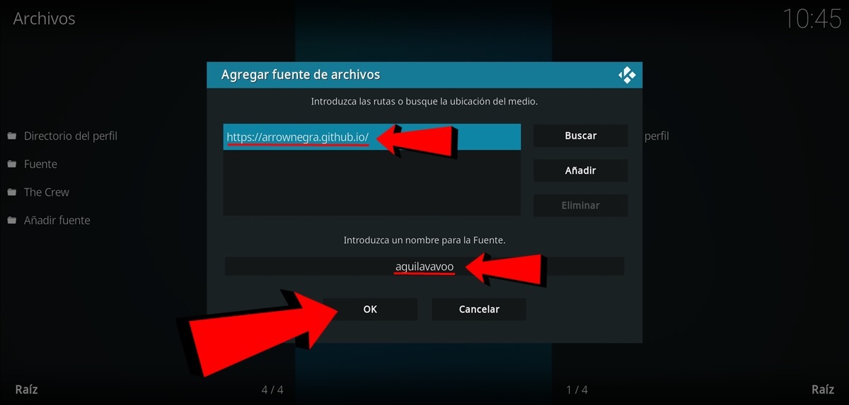 Escribe el enlace de Aguila Vavoo ponle de nombre a la fuente aguilavavoo y pulsa OK