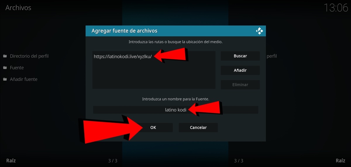 Escribe el enlace de la fuente de Latino Kodi ponle de nombre a la fuente y pulsa OK