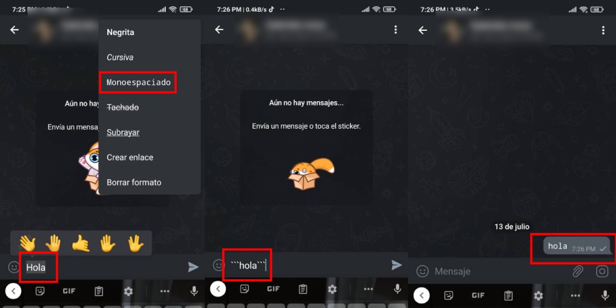 Escribir en monoespaciado en Telegram