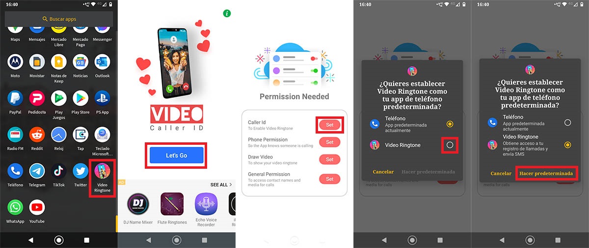 Establecer Video Ringtone como app de telefono predeterminada