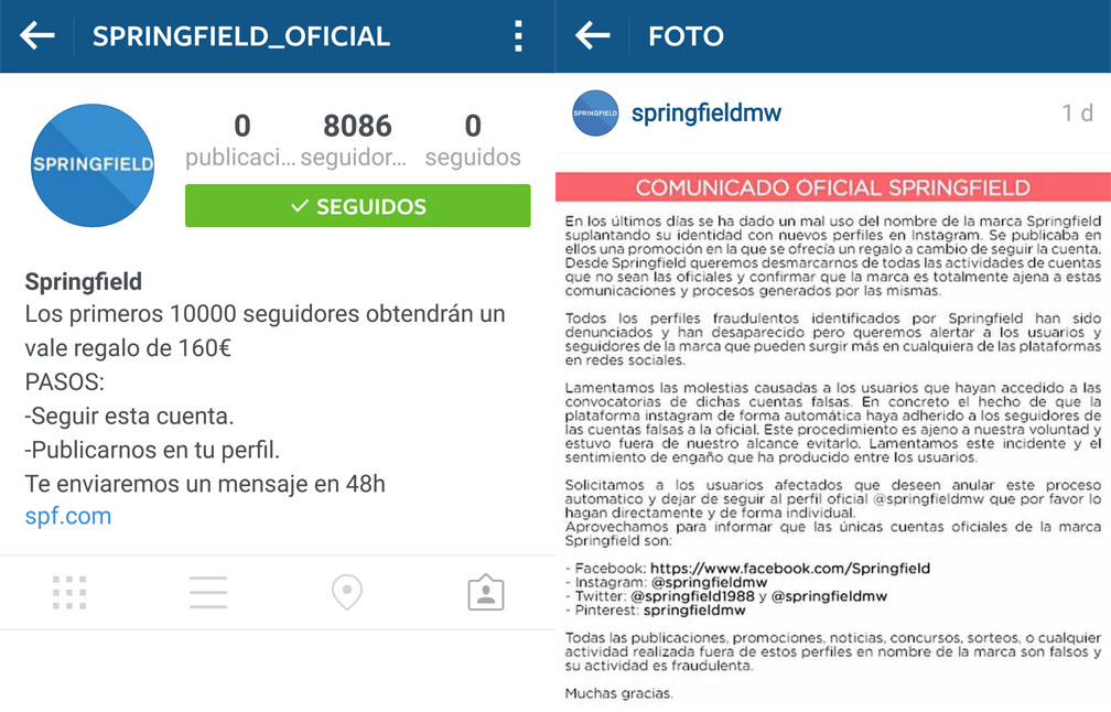Estafa Instagram Springfield_oficial