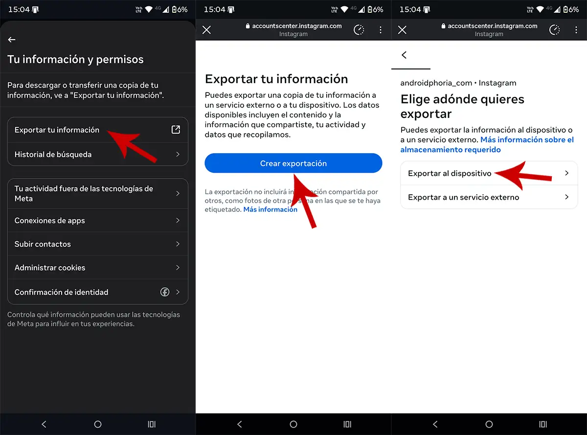 Exportar información al dispositivo