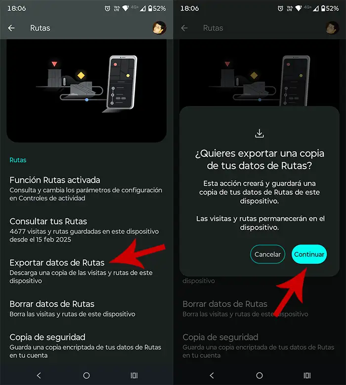 Exportar ruta de viajes Android