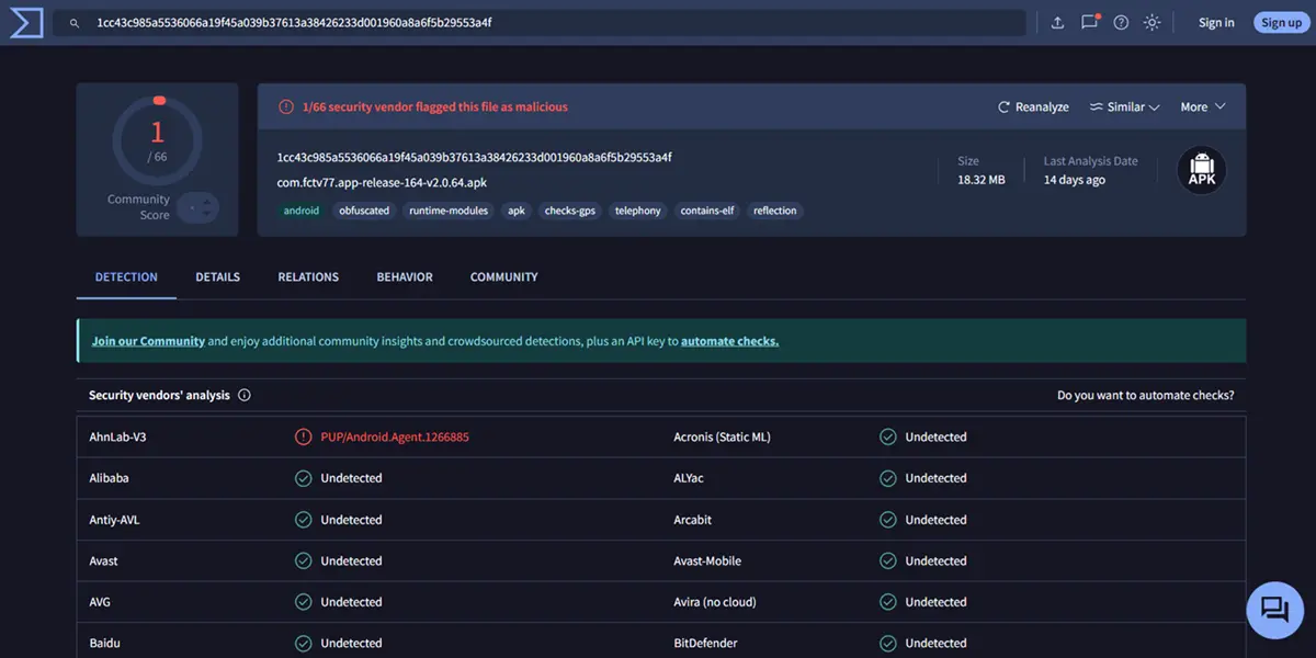 FCTV77 analisis en virustotal