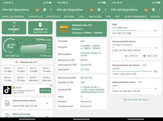 FOSSiBOT S3 Pro info del dispositivo CPU y almacenamiento