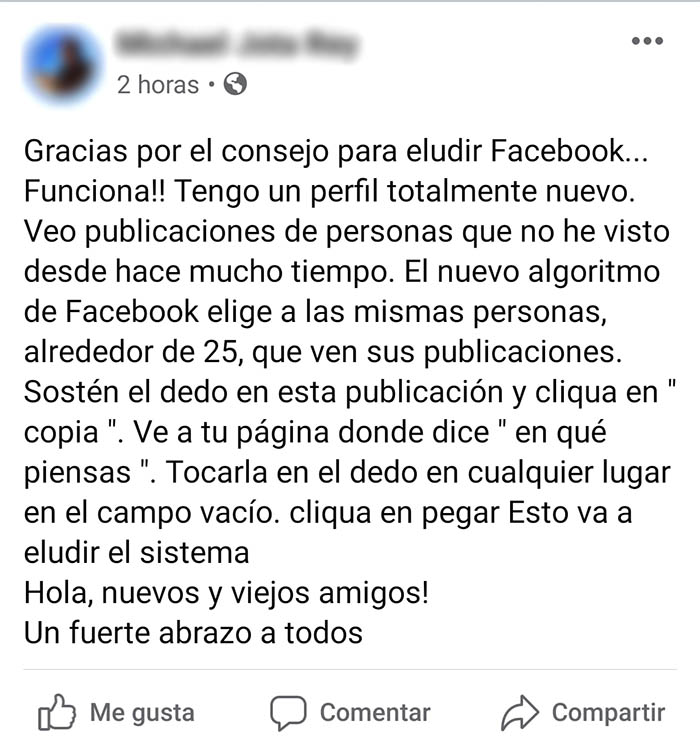 Facebook modificar algoritmo mensaje