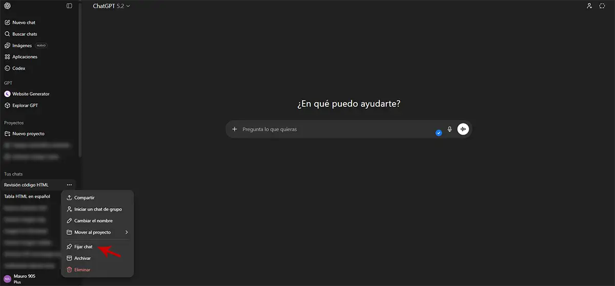 Fijar chat ChatGPT version web