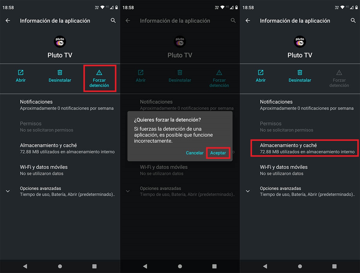 Forzar detencion Pluto TV Android
