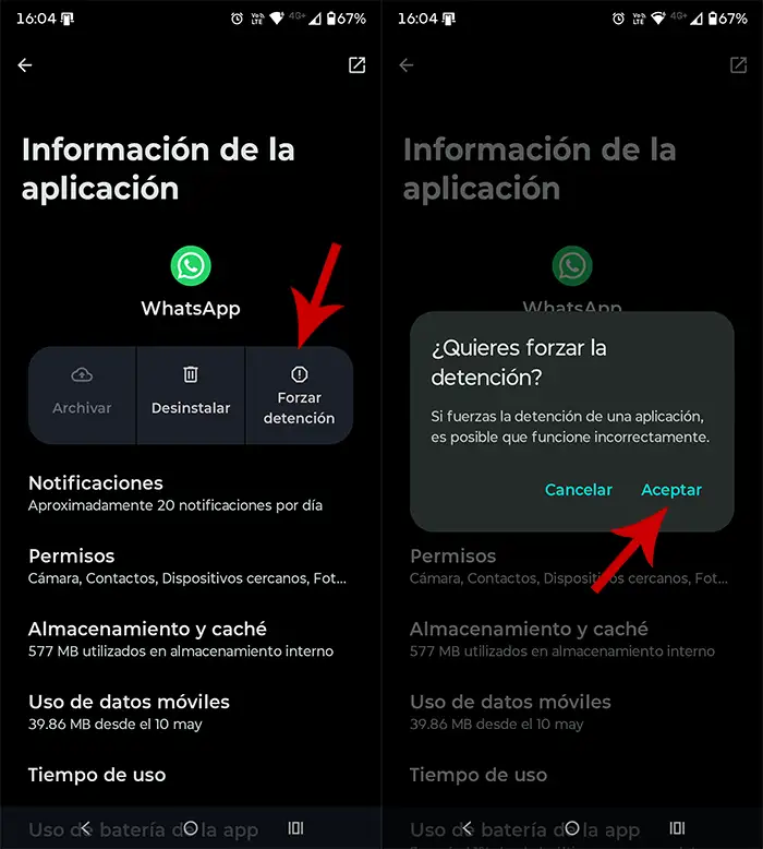 Forzar detención de WhatsApp