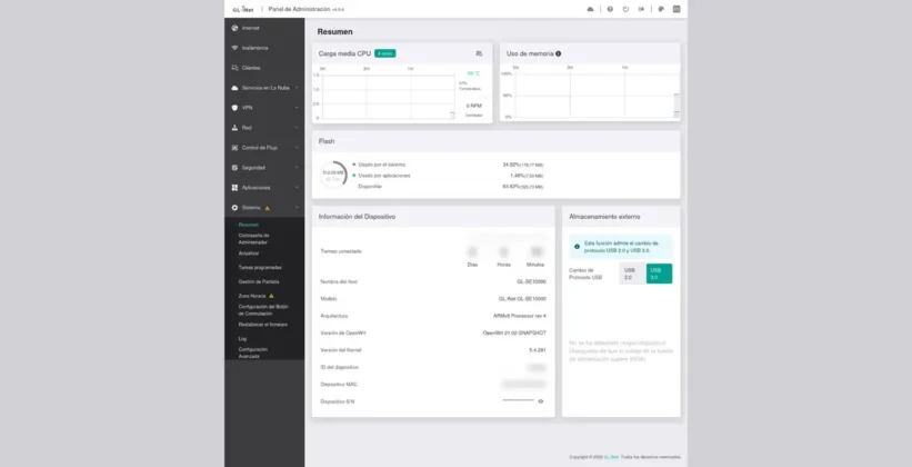GL.iNet Slate 7 Pro desde el panel de administracion puedes ver la carga de trabajo del router