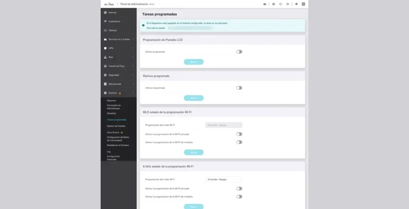 GL.iNet Slate 7 Pro puedes programar eventos de la pantalla, de reinicio del MLO y de las bandas