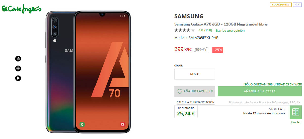 Galaxy A70 timo en el precio Black Friday