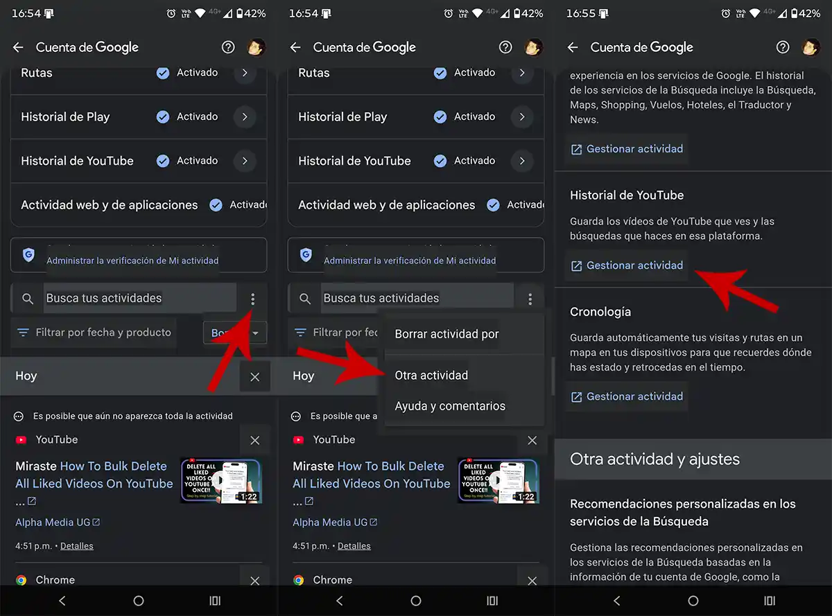 Gestionar actividad de YouTube