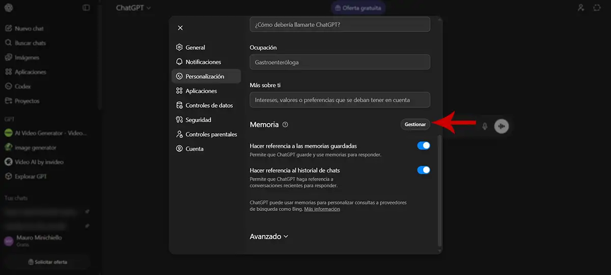 Gestionar memoria ChatGPT