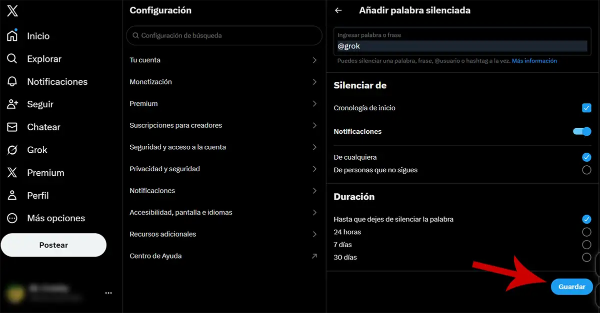 Guardar cambios para silenciar Grok