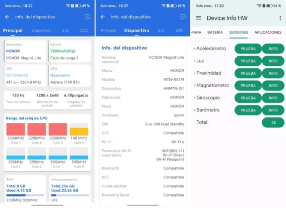 HONOR Magic8 Lite informacion general sobre su hardware y sensores