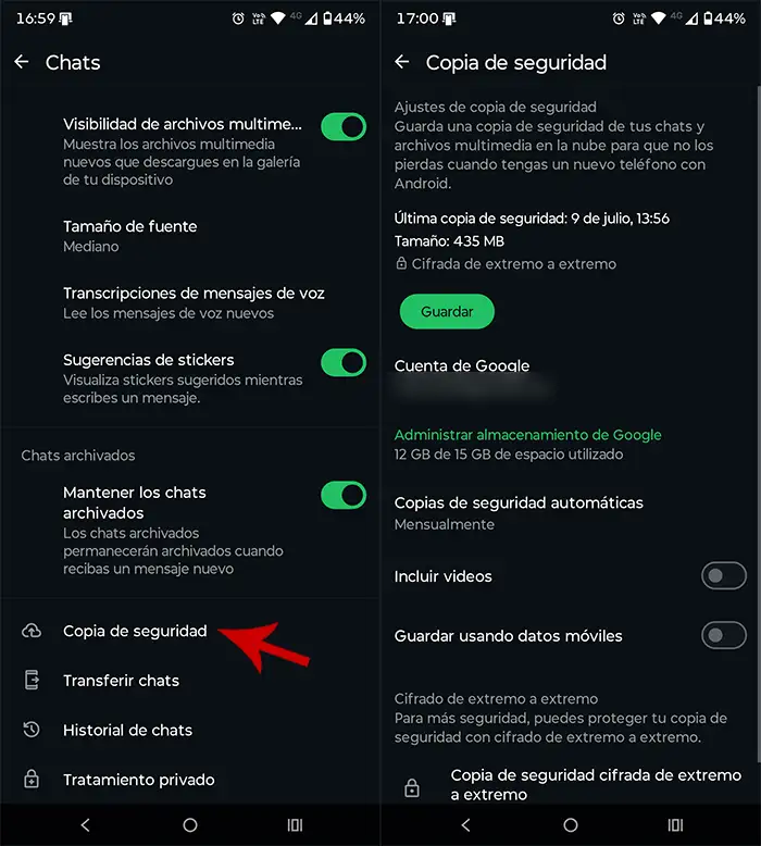 Hacer copia de seguridad de WhatsApp