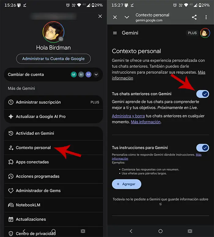 Hacer que Gemini recuerde tus chats