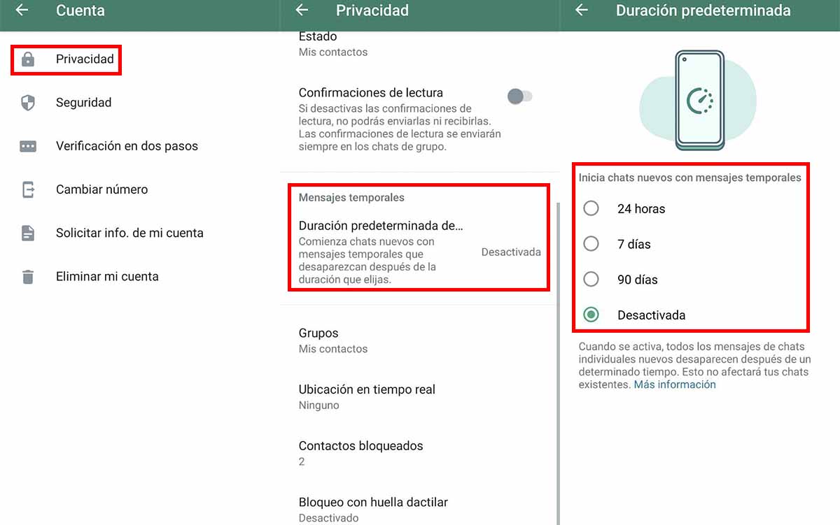 Hacer todas conversaciones WhatsApp sean efímeras mensajes temporales