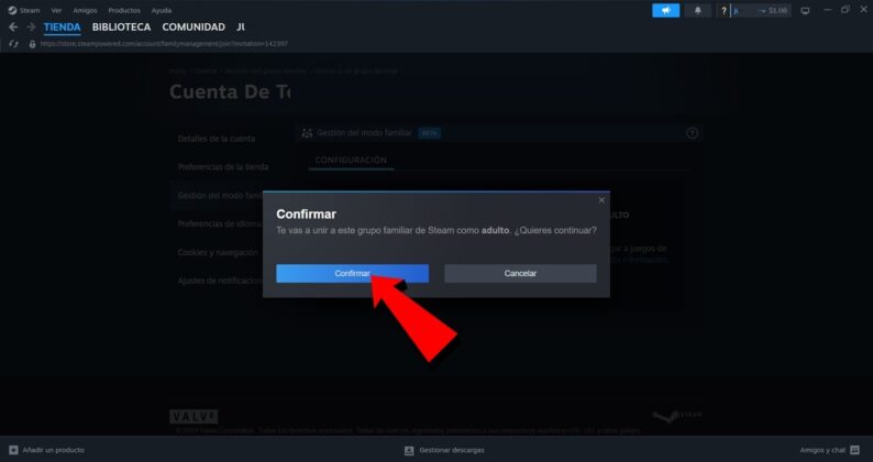 Haz clic en Confirmar para aceptar la invitacion del grupo familiar de Steam