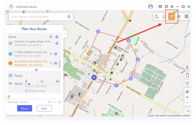 Haz clic en Mover para falsear la ubicación GPS ClevGo