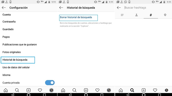 Historial de búsqueda en Instagram