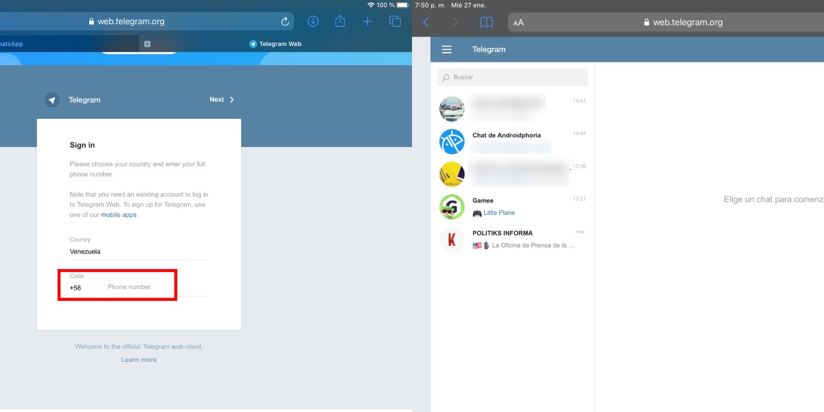 Ingresa a Telegram Web