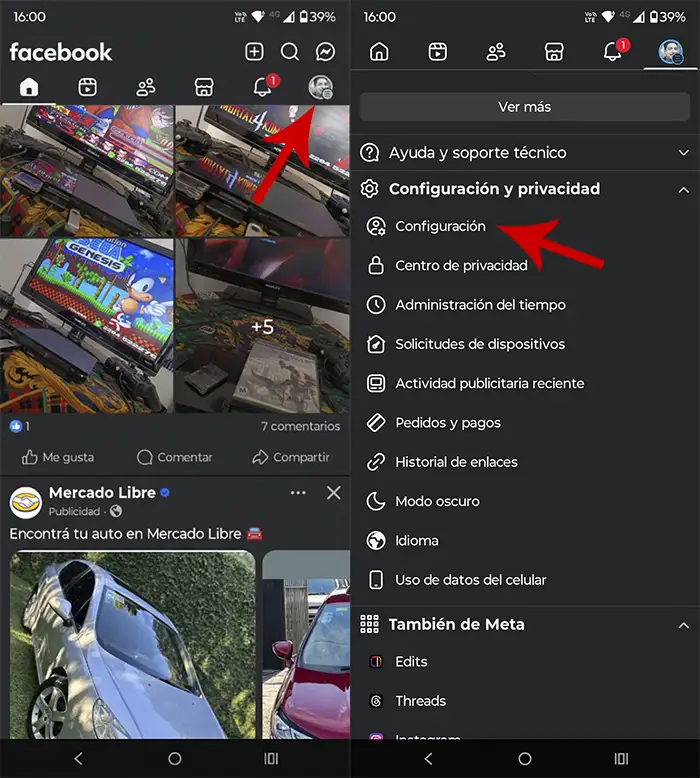 Ingresar en la configuración de la cuenta de Facebook