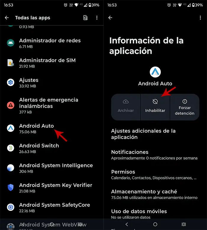 Inhabilitar app del sistema Android