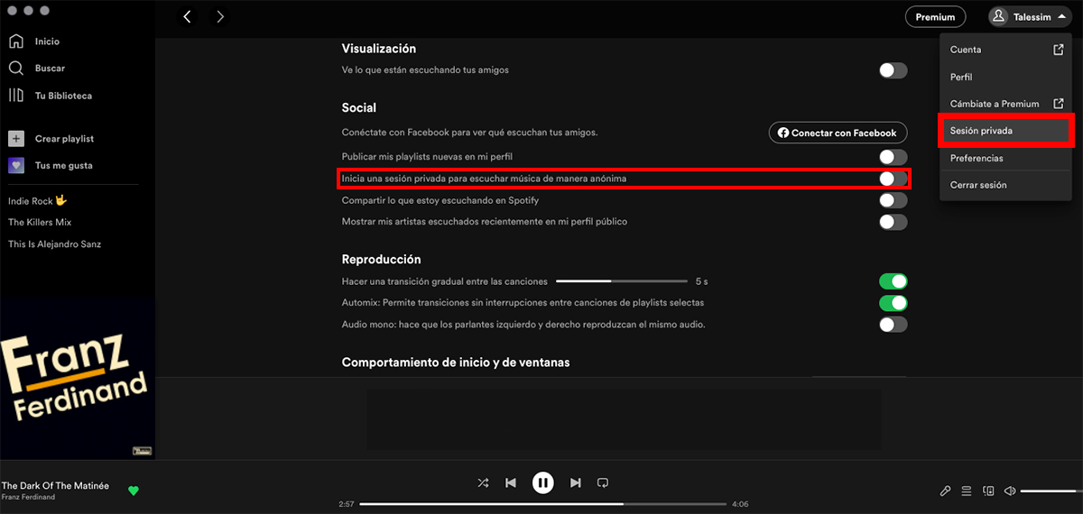 Inicia una sesion privada en Spotify