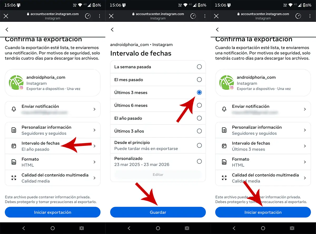 Iniciar exportación en Instagram