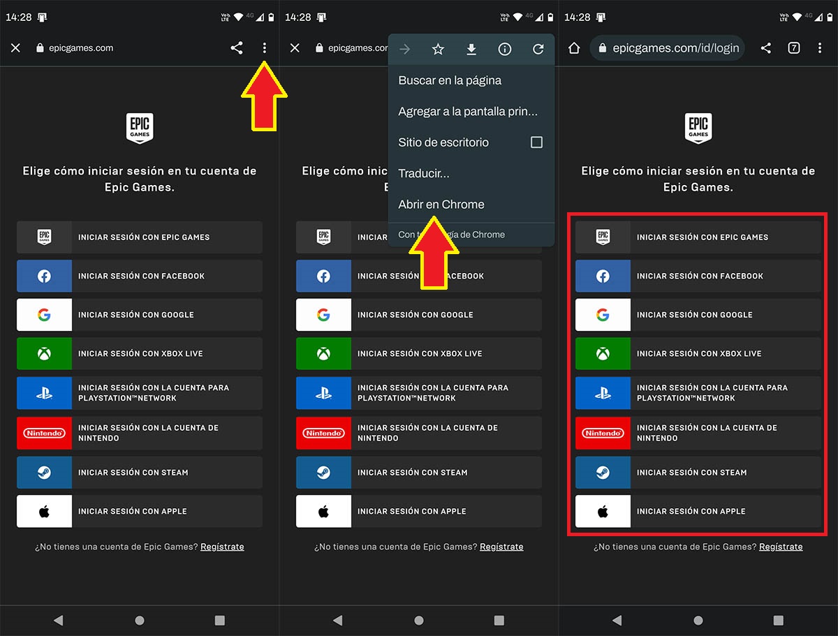 Iniciar sesion en Fortnite para Android desde Google Chrome