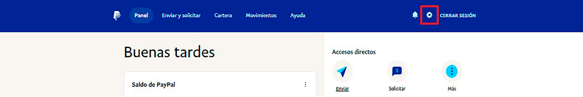 Inicio de sesion en Paypal y haz clic en Configuración (icono de tuerca)