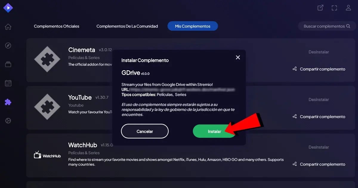 Instala el addon de Google Drive que has creado en Stremio y listo