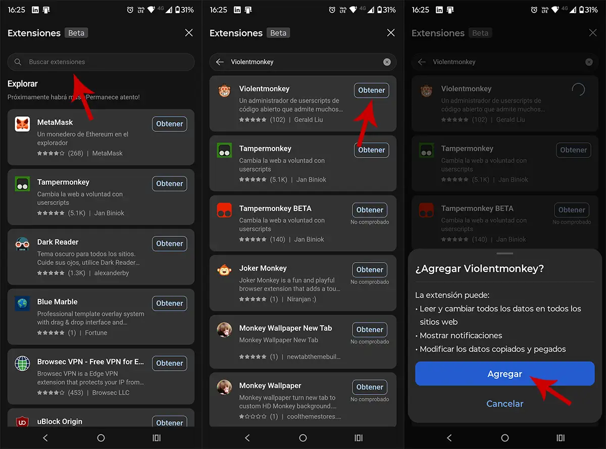 Instalar extension Violentmonkey en Edge Canary