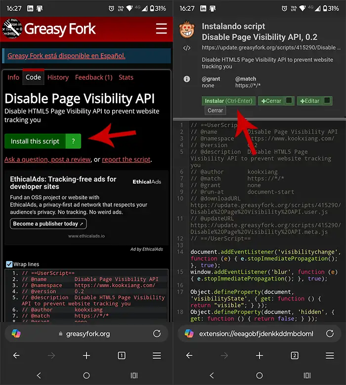 Instalar script Disable Page Visibility API