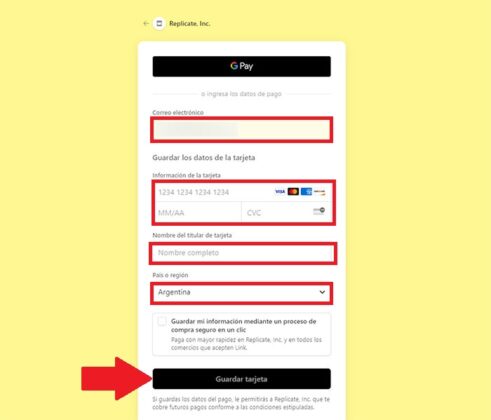 Introducir una tarjeta de crédito o débito en Replicate
