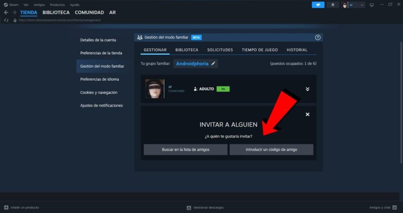 Invita a alguien a unirse al grupo de tu lista de amigo de Steam o con el codigo de amigo de Steam