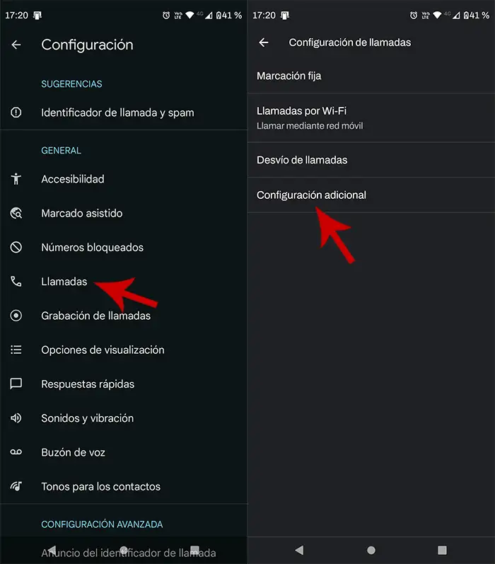 Ir a configuracion adicional de Telefono